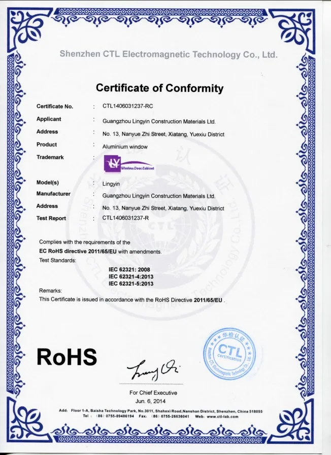 RoHS certification for aluminum windows