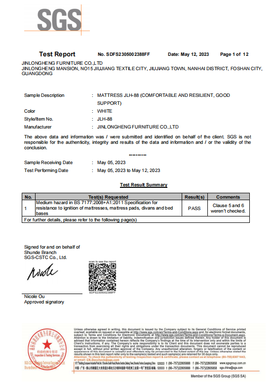 BS 7177 fire safety certification for hotel mattresses