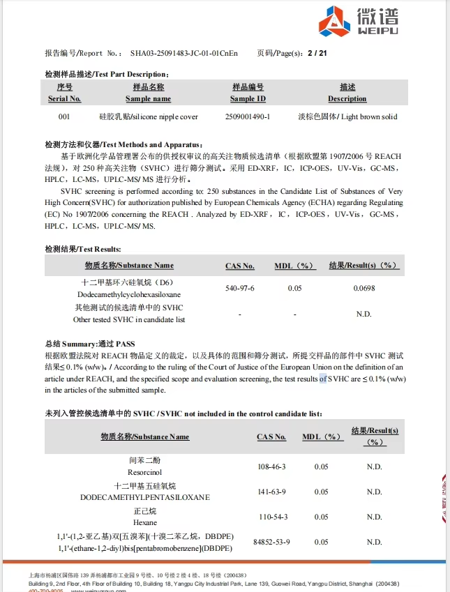 REACH certificate for adhesive bra products