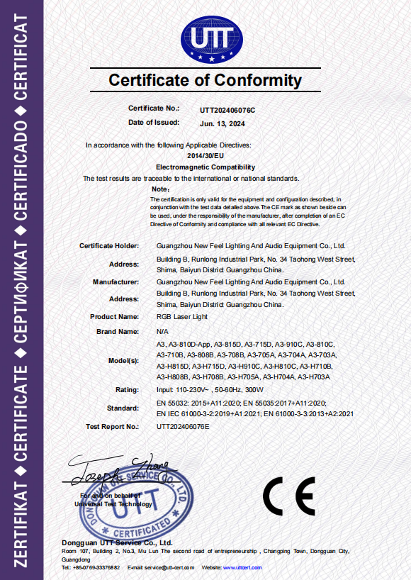 CE Certification document UTT202406076C validating safety standards for laser light equipment