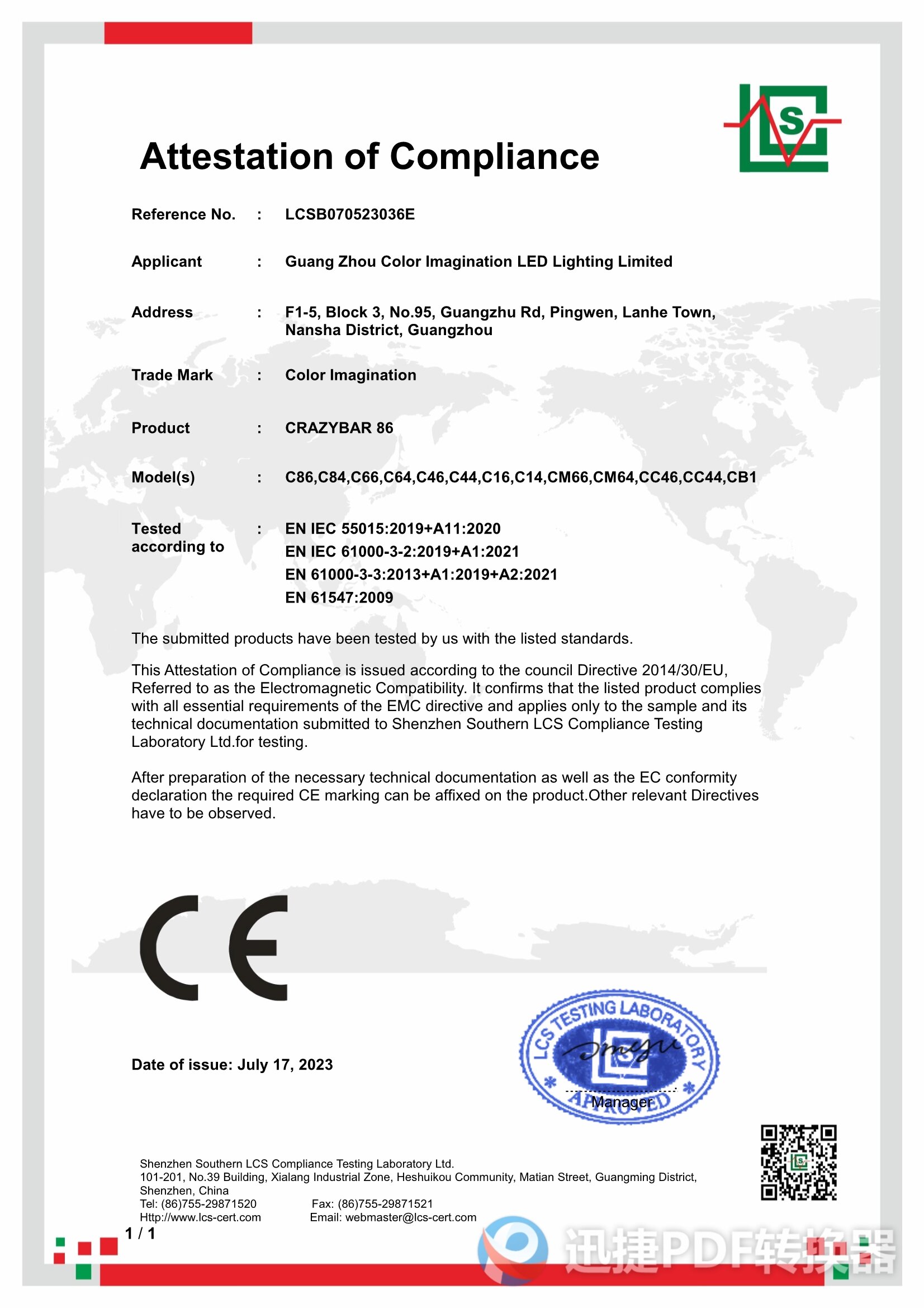 CE certificate verifying safety compliance of waterproof stage lighting equipment