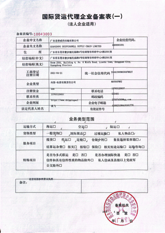 Record Filing Form for International Freight Forwarders certification for global logistics compliance