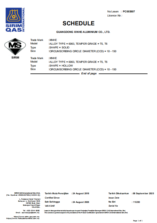 SIRIM certification for aluminum extruded shapes for windows and sliding doors