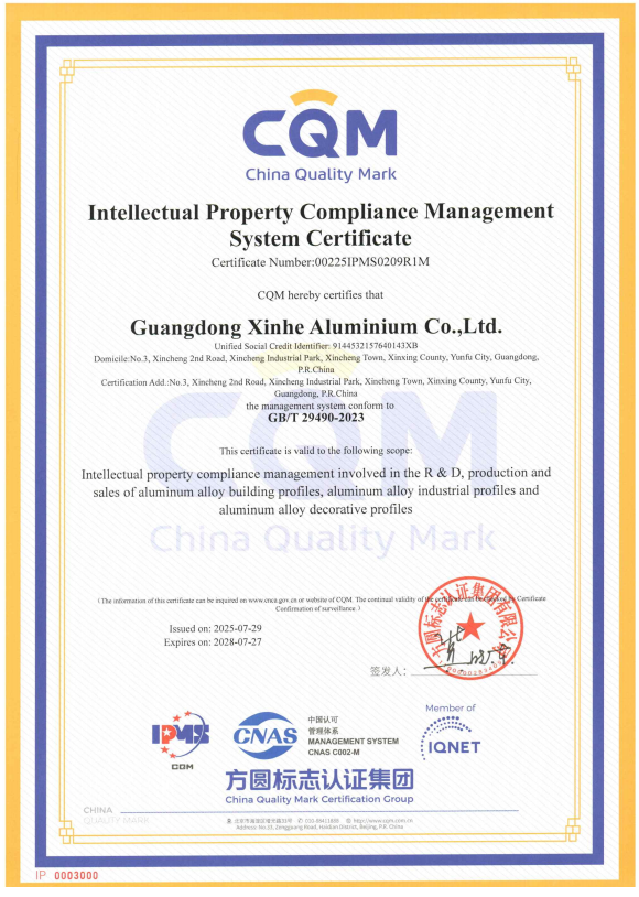 Intellectual property compliance management system certificate for aluminium profile manufacturing