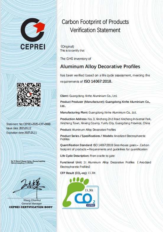 Product carbon footprint certification for aluminum profiles