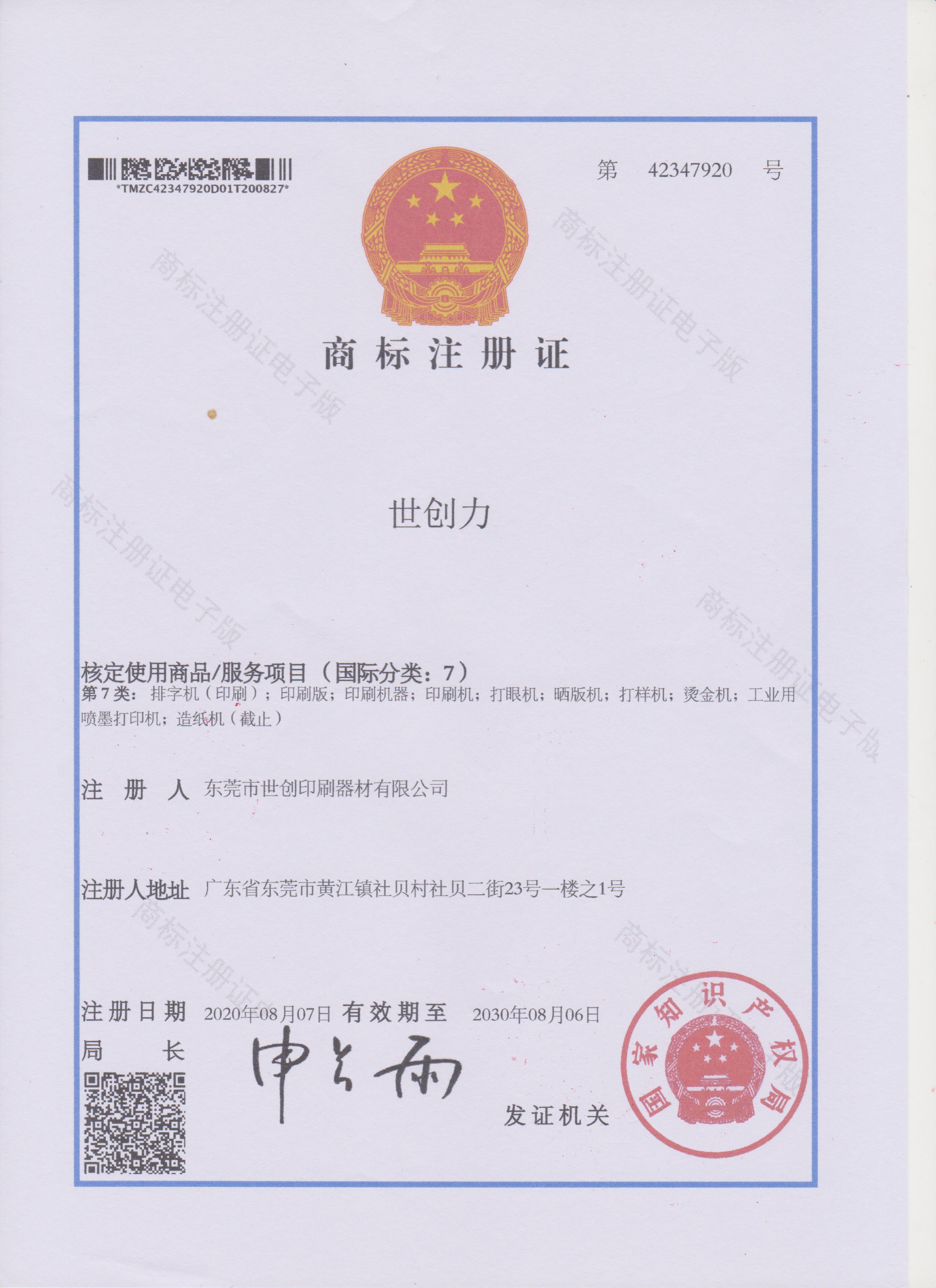 Trademark Registration Certificate for Shichuangli printing machines