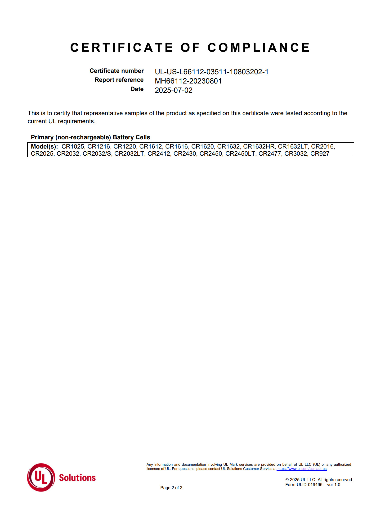 UL certification for lithium manganese battery products