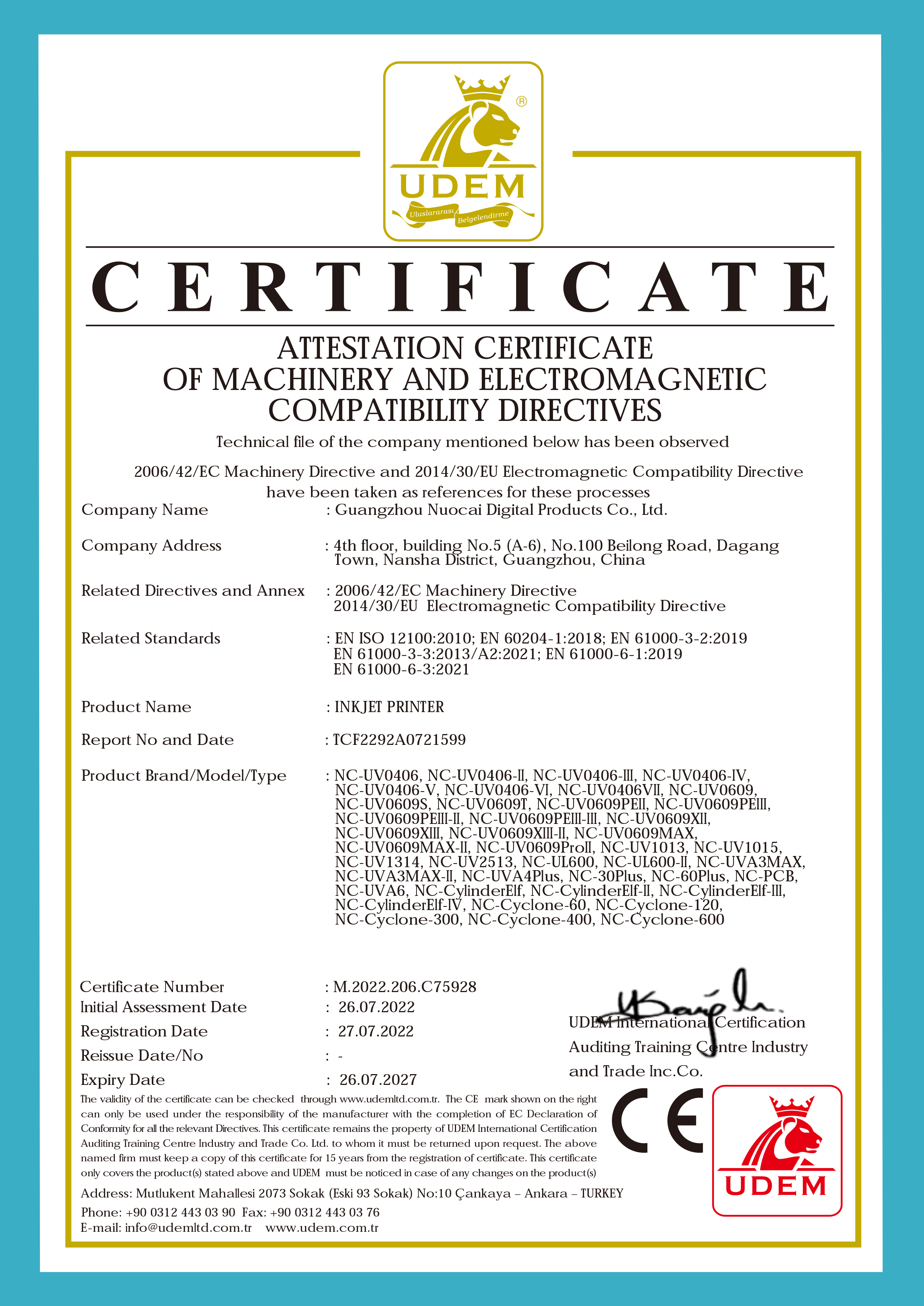 CE certification document for UV printing equipment