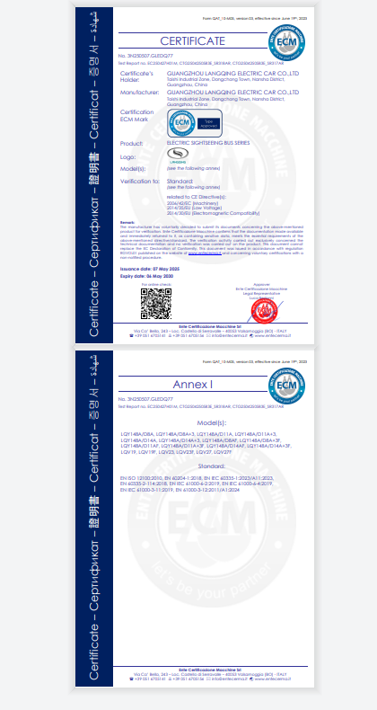 CE certification for Langqing electric sightseeing bus safety documentation