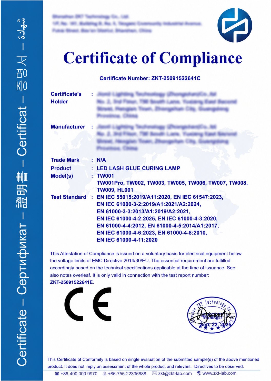 CE EMC certification for LED lash glue curing lamp