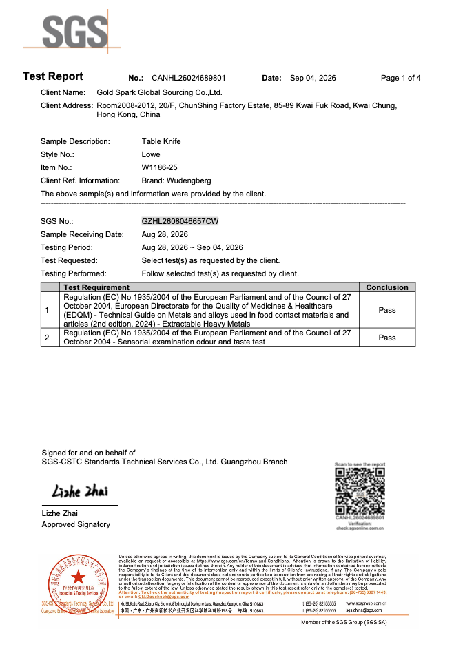 SGS certificate for table knife
