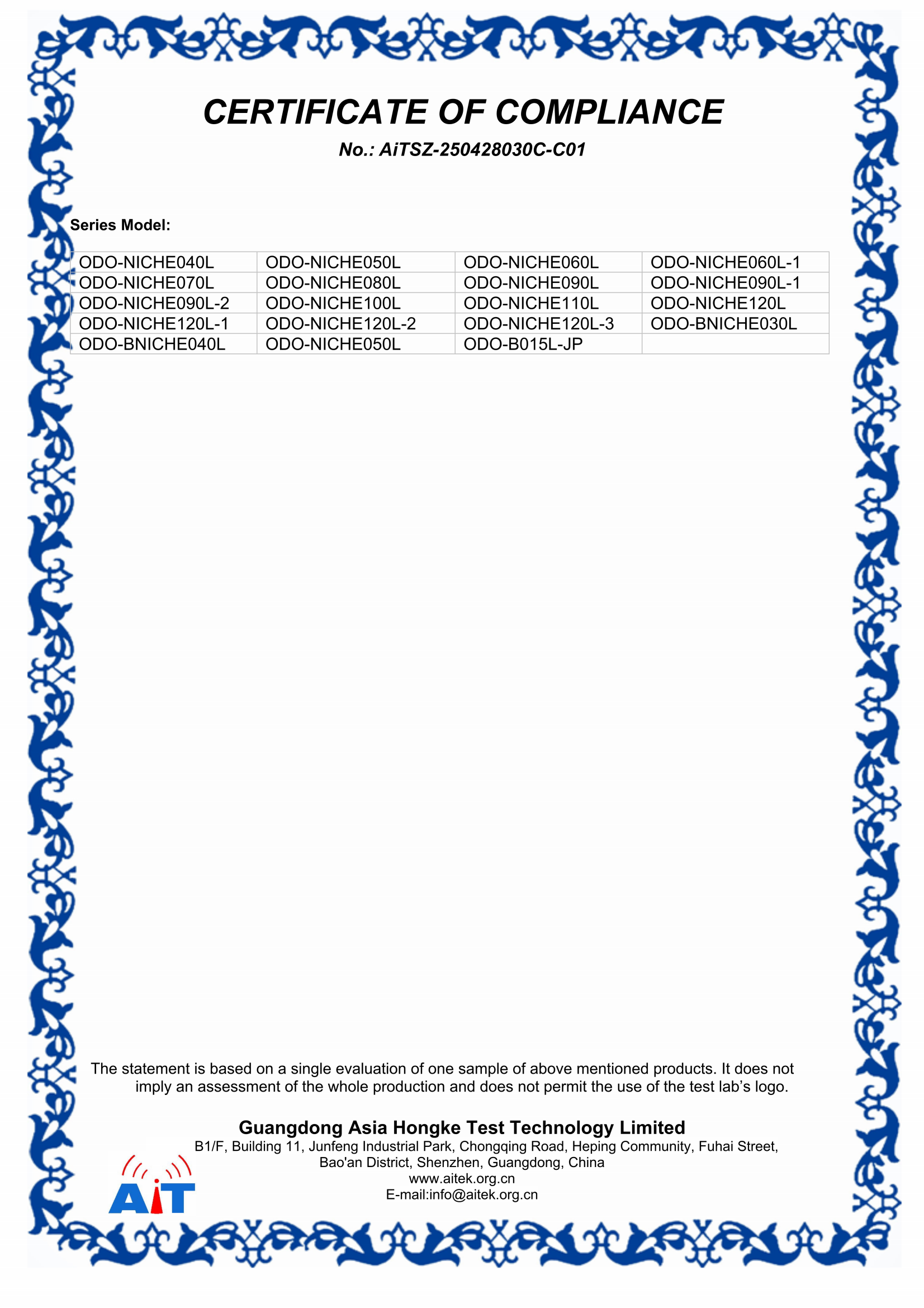 Shower niche CE EMC Certificate verifying electrical compliance