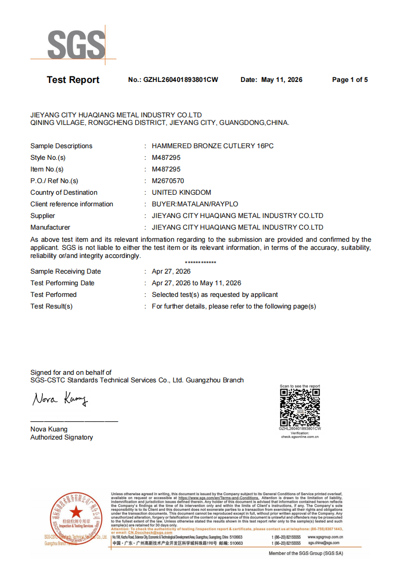SGS test report for colorful stainless steel cutlery and kitchen tools