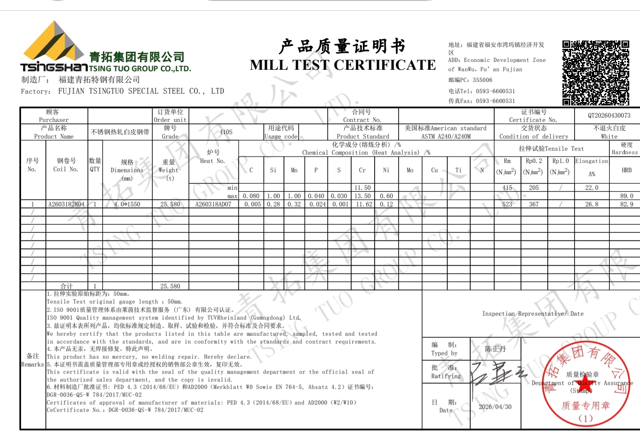Mill test certificate related to stainless steel materials for cutlery production