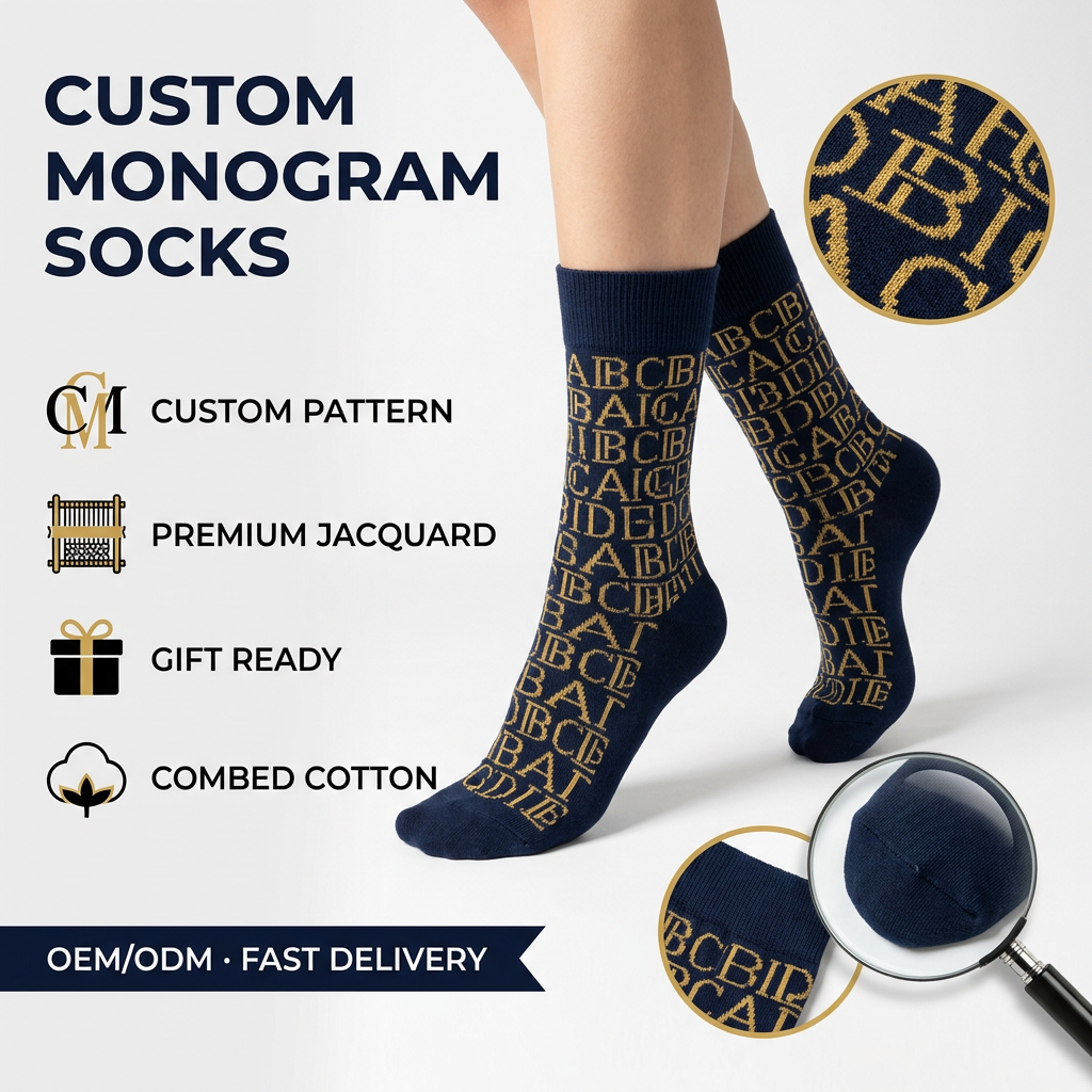 Custom Premium Monogram Alphabet Jacquard Crew Socks with detailed pattern weaving