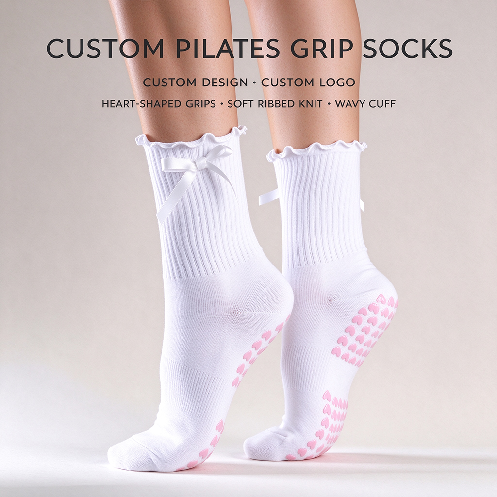 Custom Pilates socks with heart-shaped grip details and ribbed design