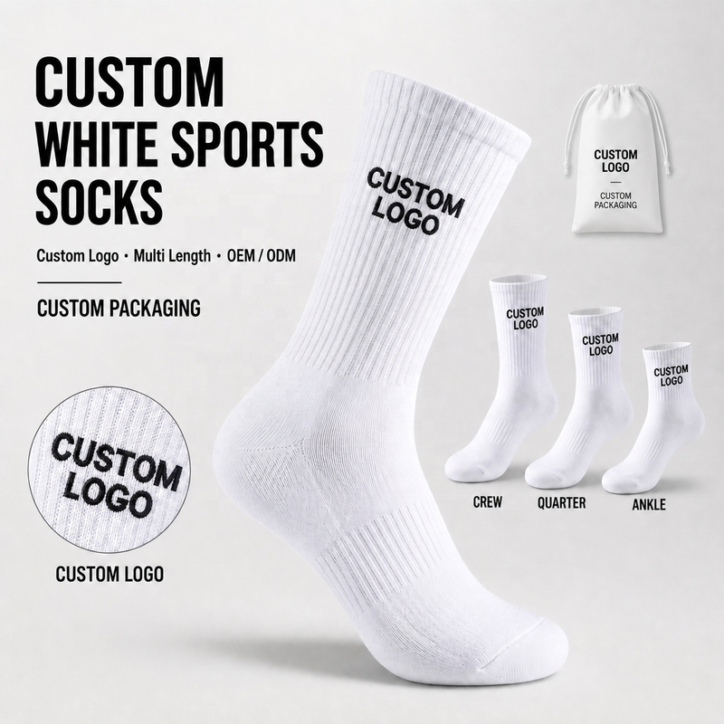 White custom logo socks with athletic ribbed construction