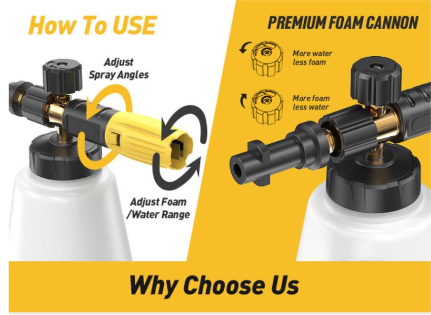 Aluminum snow foam cannon with 1.2mm orifice nozzle and 1L PE bottle