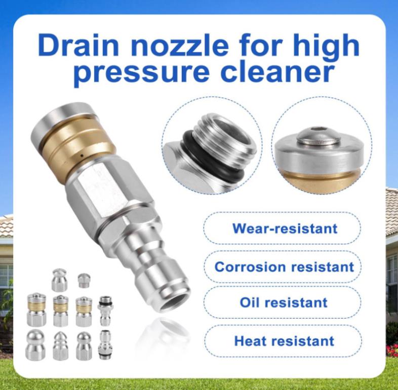 Close-up of stainless steel sewer nozzles detailing jet patterns