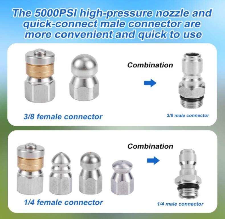 Stainless steel sewer nozzles with multiple jet configurations for brand accessory compatibility