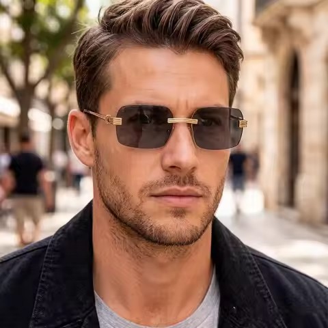 Custom Logo Fashion Retro Irregular Gradient Lens Shades UV400 Rimless Square Sunglasses