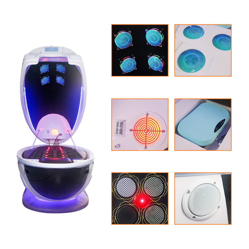 Interior configuration of commercial dry sauna capsule showing heating layout