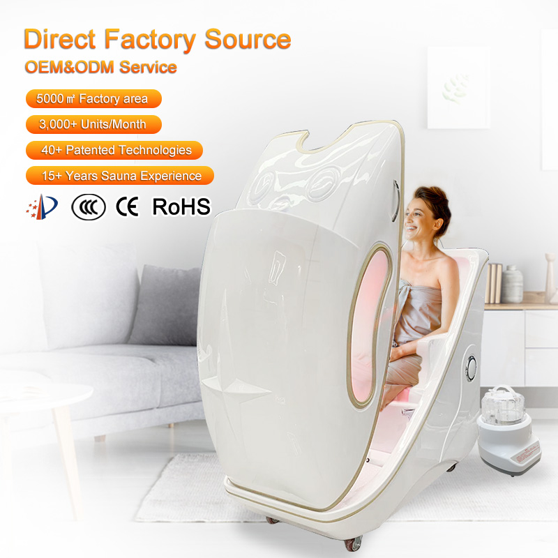 Interior view of acrylic steam capsule featuring Ge stones and red light therapy components