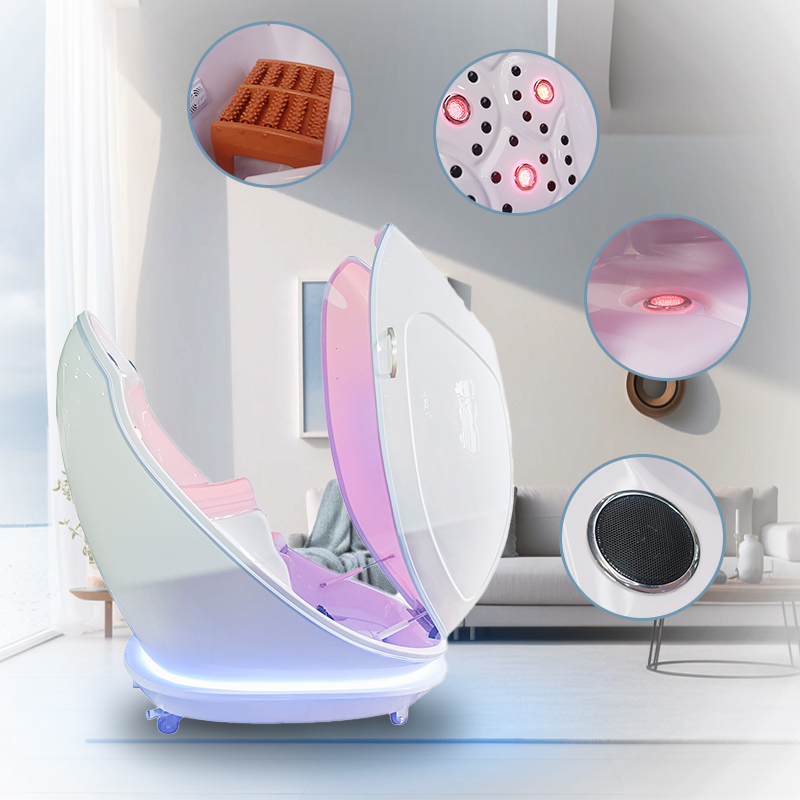 Interior view of wet steam sauna capsule showing therapy heating components