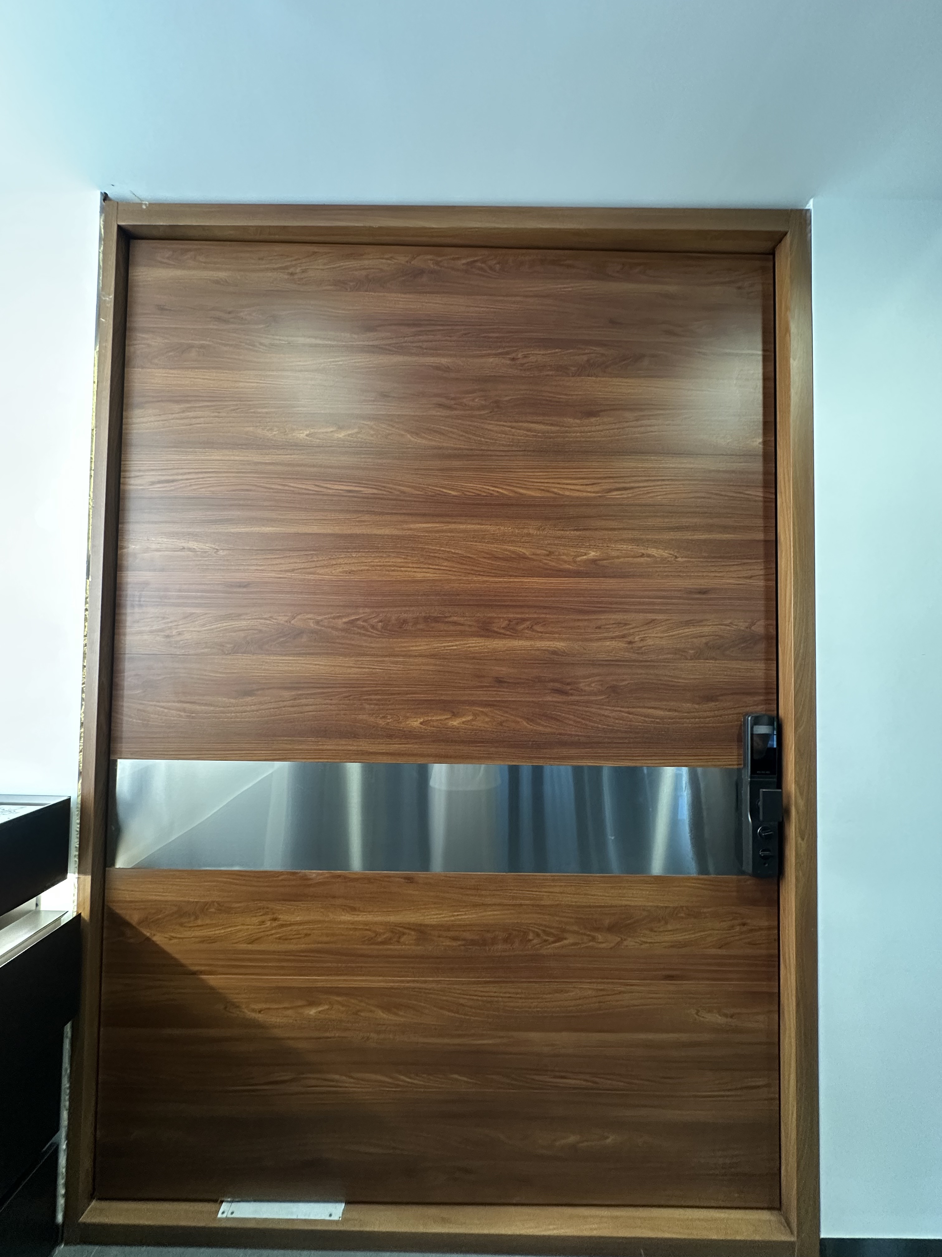 Detail of native aluminum pivot door showing structural profile and hardware integration