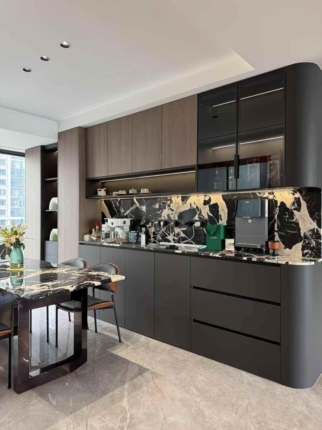 Commercial-grade sideboard cabinet featuring customized melamine veneer and DTC hardware accessories