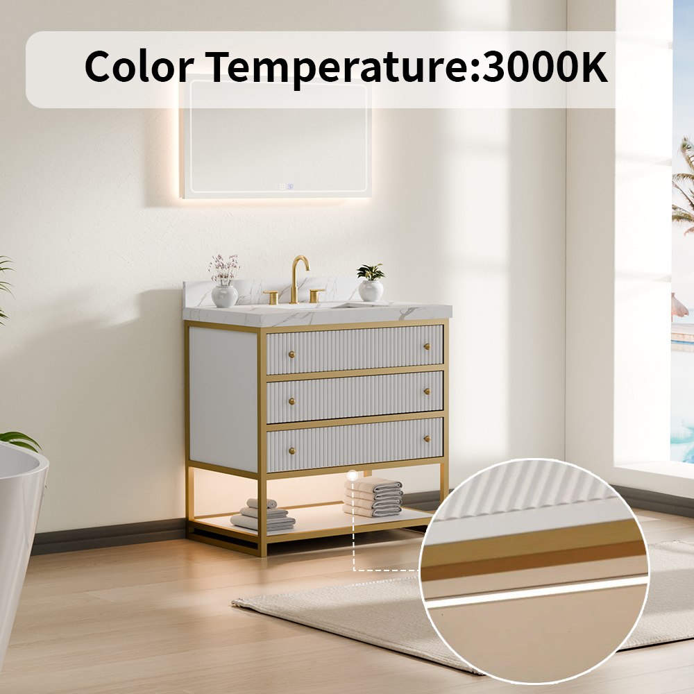 48-inch fluted solid wood bathroom vanity with 3000k lighting