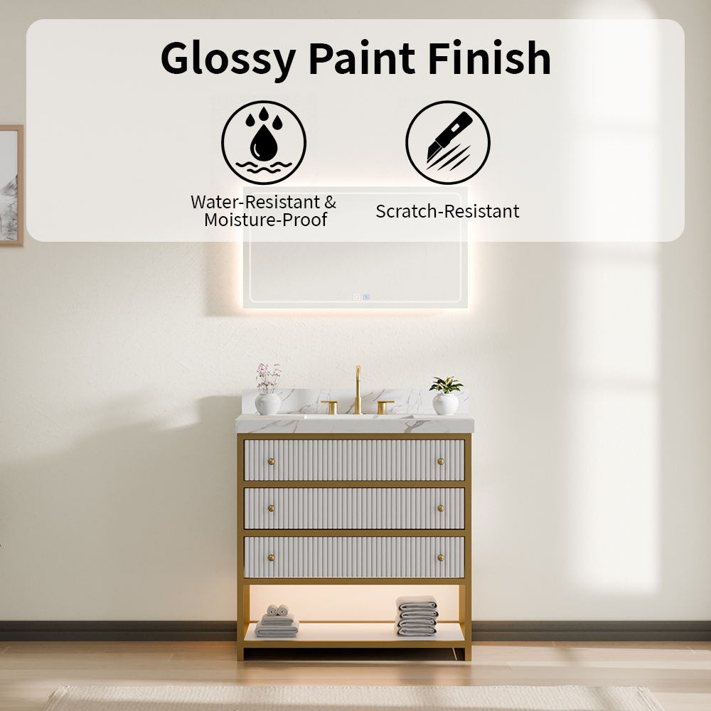 Close-up of the premium white PU lacquer finish on fluted solid wood bathroom vanity