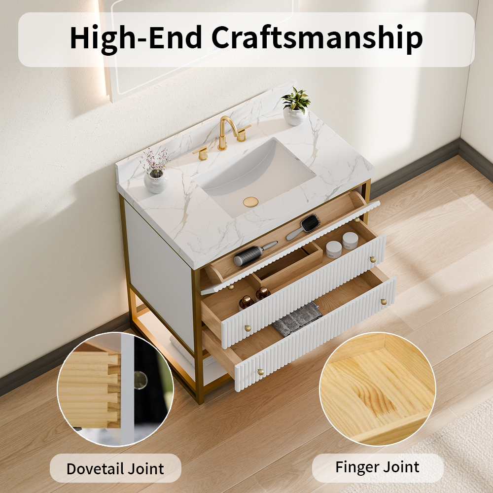 High-end craftsmanship of a fluted solid wood freestanding vanity featuring luxury hardware suitable for custom laser-branding