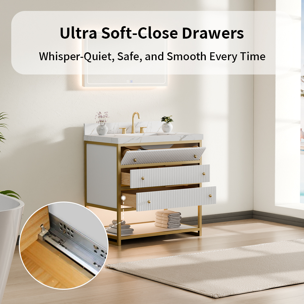 Fluted solid wood bathroom vanity featuring soft close drawers and spacious storage