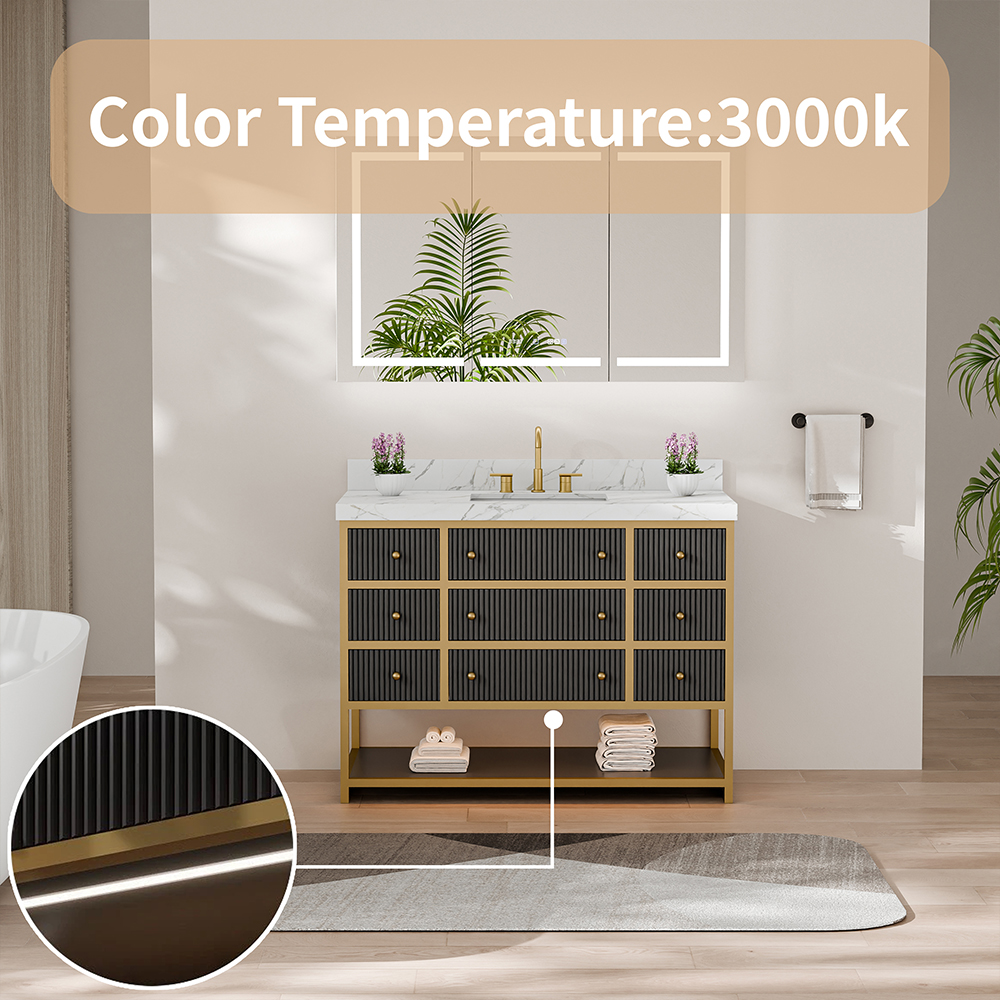 48-inch fluted solid wood and plywood freestanding vanity with PU lacquer finish for high-humidity hotels