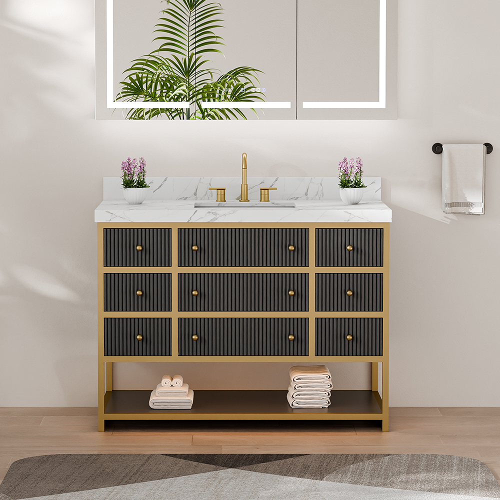 Marble top detail of fluted solid wood bathroom vanity