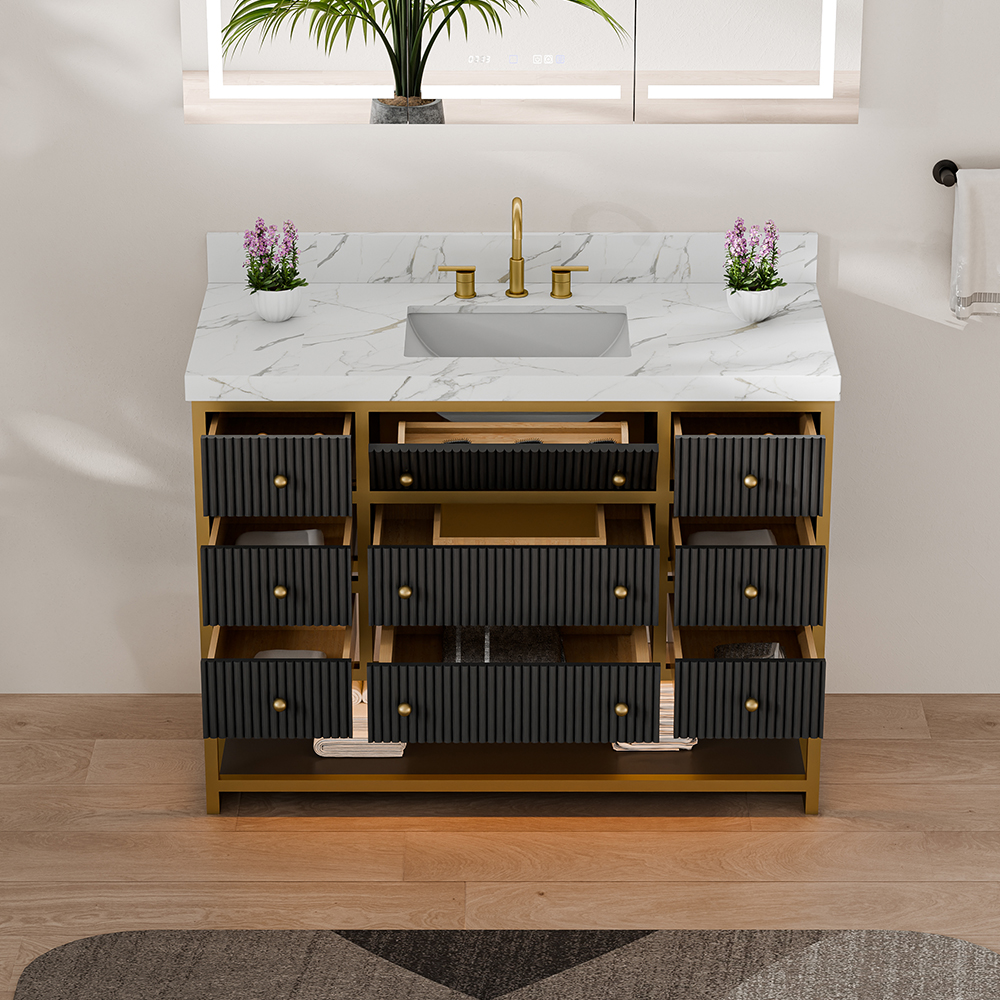 48-inch fluted solid wood freestanding vanity with open drawers showing internal layout