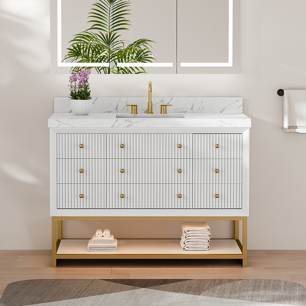 Modern 48-inch fluted solid wood freestanding vanity front view