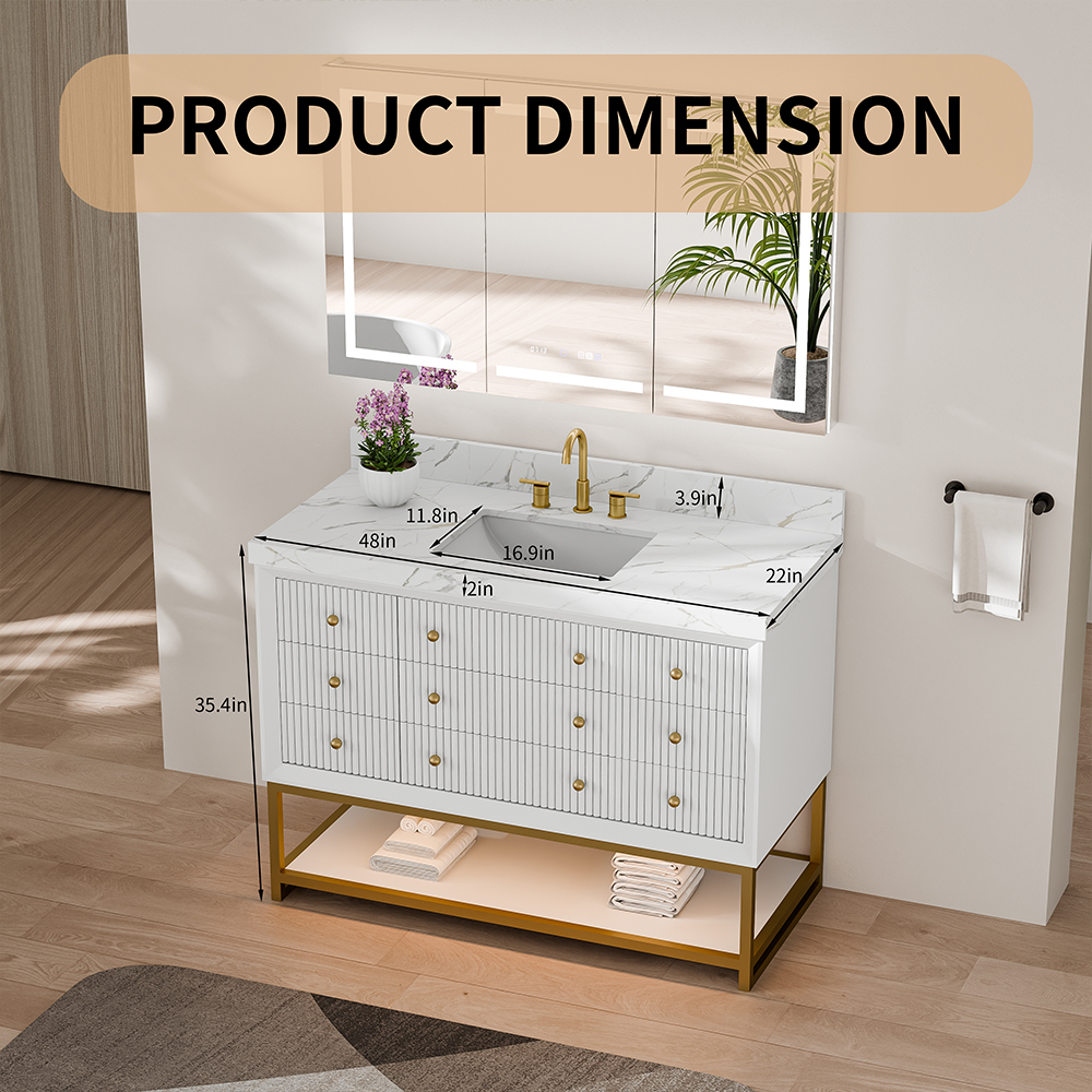 48-inch freestanding vanity product dimensions showing width, depth, and height for hotel bathrooms