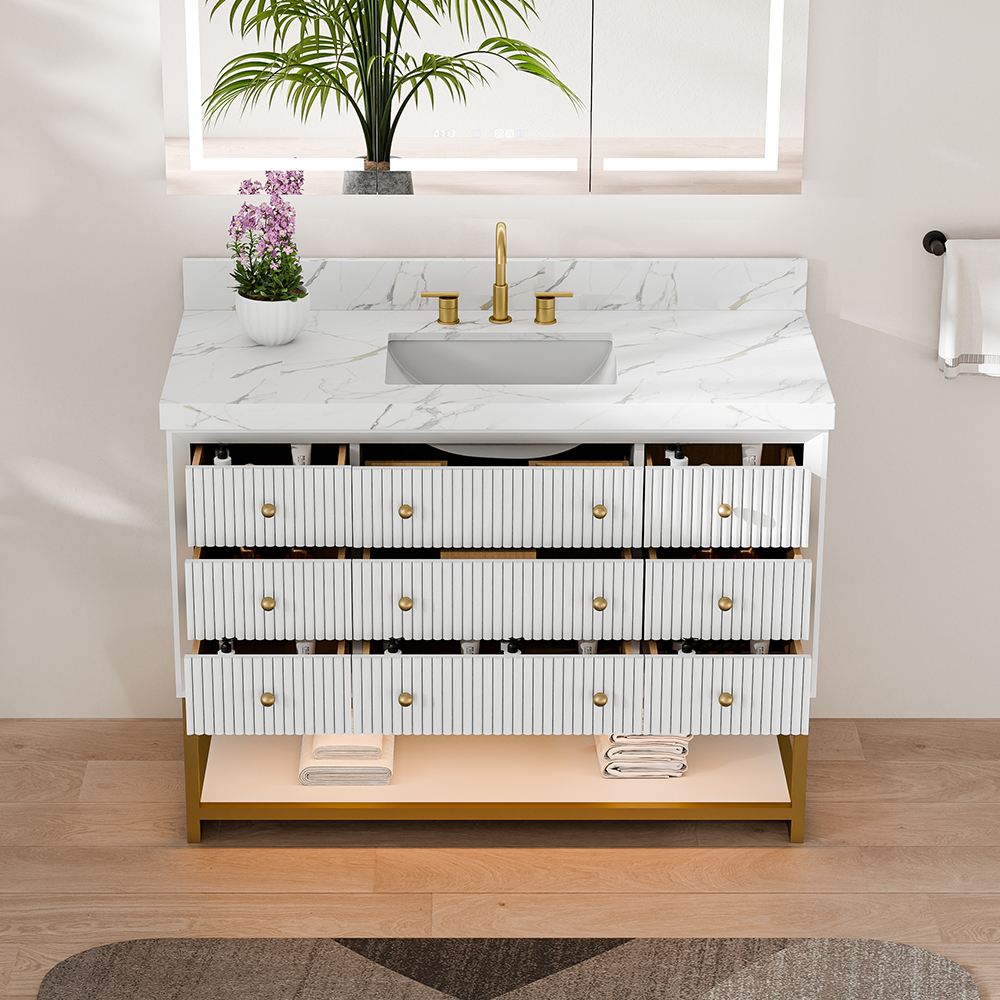 48-In Fluted Solid Wood Bathroom Vanity with single undermount porcelain sink