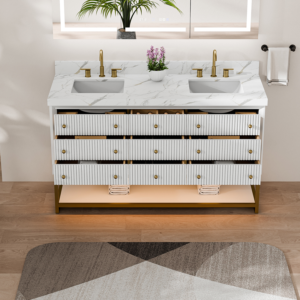 Detailed view of an open drawer on a white solid wood freestanding vanity