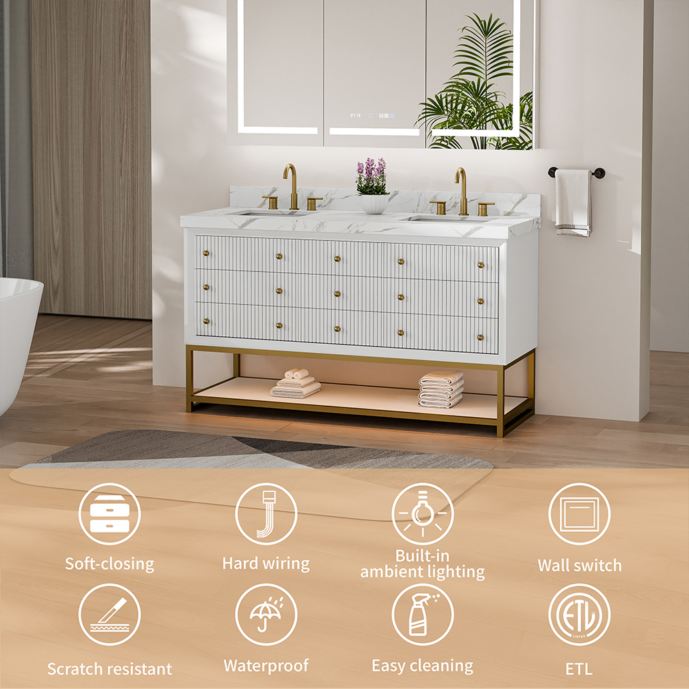 Key features of the 60-inch fluted solid wood freestanding vanity highlighting moisture resistance
