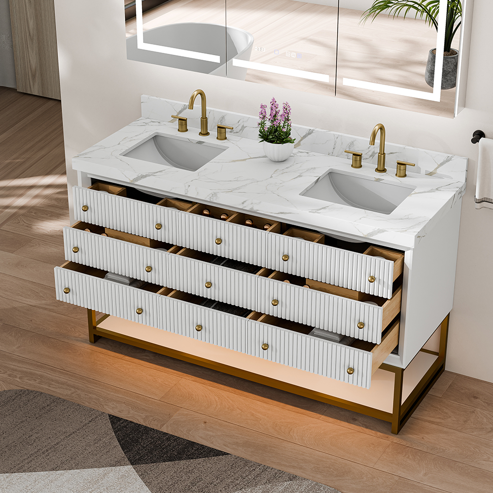 Open drawers of white fluted solid wood freestanding vanity unit showing storage space