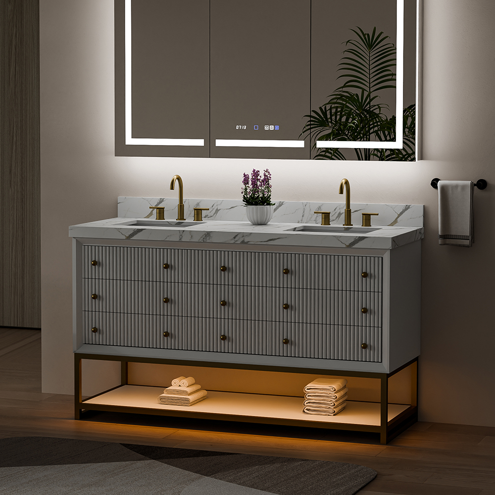freestanding vanity with marble top and rectangular undermount sinks