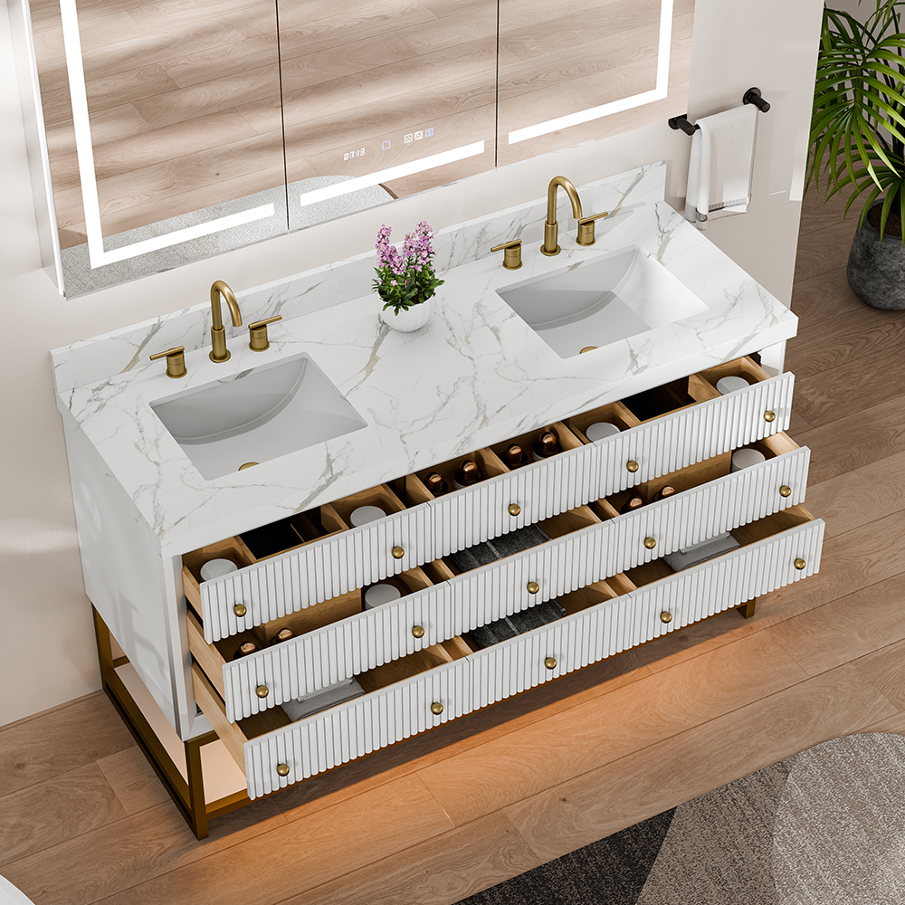 Top view of 60-inch double sink marble top freestanding vanity unit