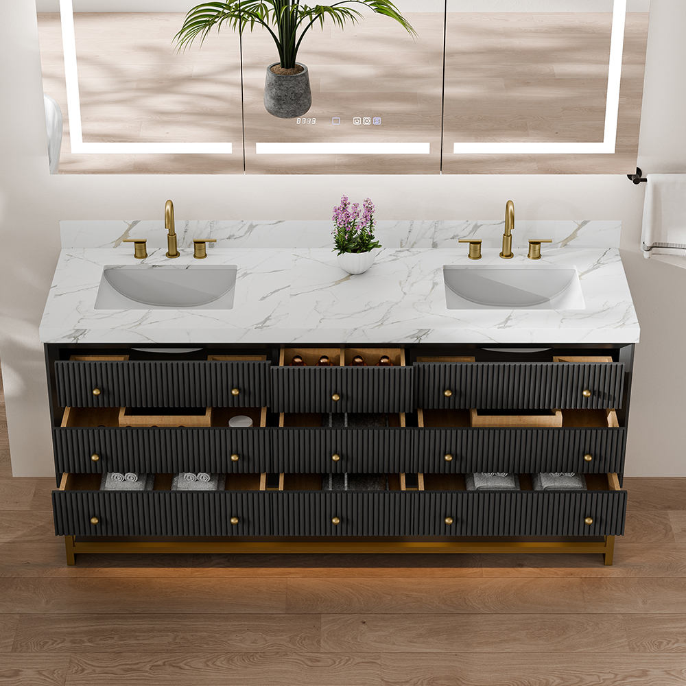 Black fluted solid wood and plywood bathroom vanity with steel base