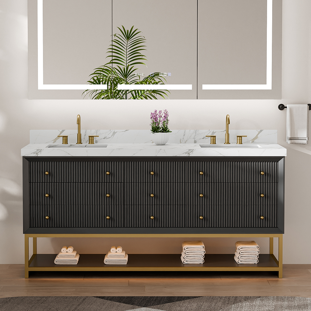 Front view of the 72-inch black fluted solid wood freestanding vanity showing drawer and base structure