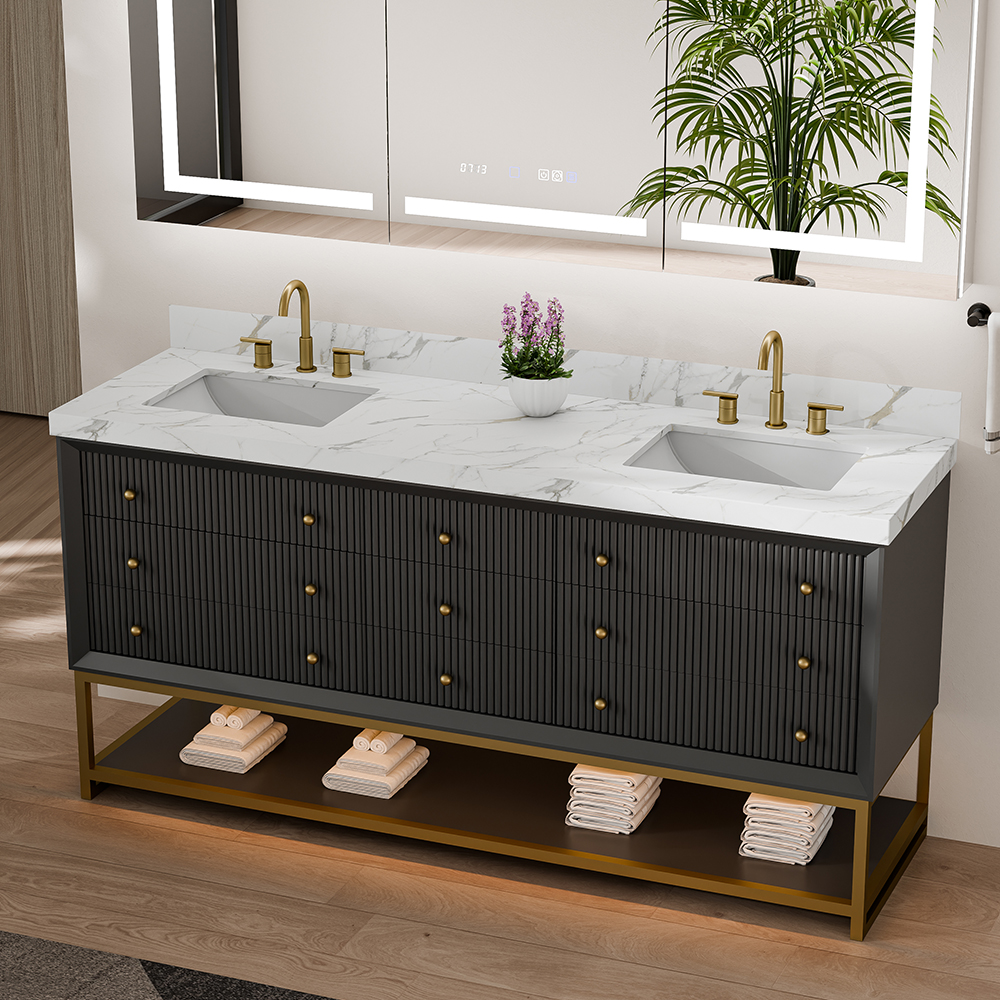 Top view of 72-inch double sink solid wood freestanding vanity with marble top