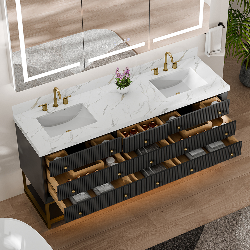Top Drawer View of Fluted Solid Wood Freestanding Vanity showing internal storage and hardware details