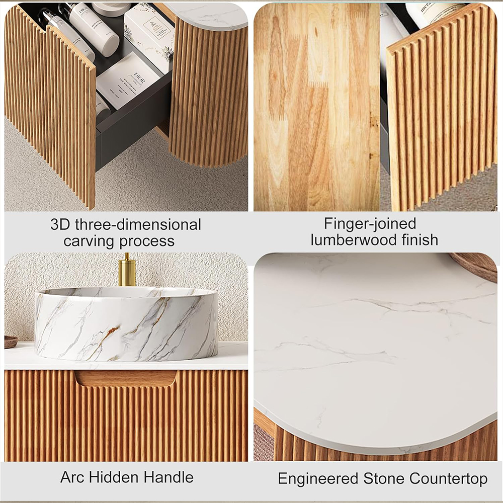Closeup details of solid pine and plywood material used in 48-inch floating vanity